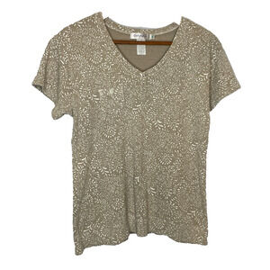 Women's XL Fresh Produce 100% Cotton Brown Floral Short Sleeve V-Neck Tee